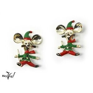 Two Vintage BJ Signed Santa Mouse Pins Christmas Holiday Cute Gift 1.5" -Hey Viv
